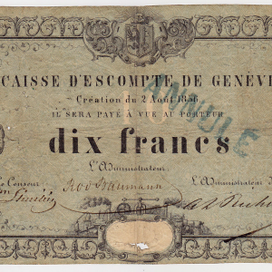 Caisse d'Escompte de Geneve 10 francs 2 aout 1856