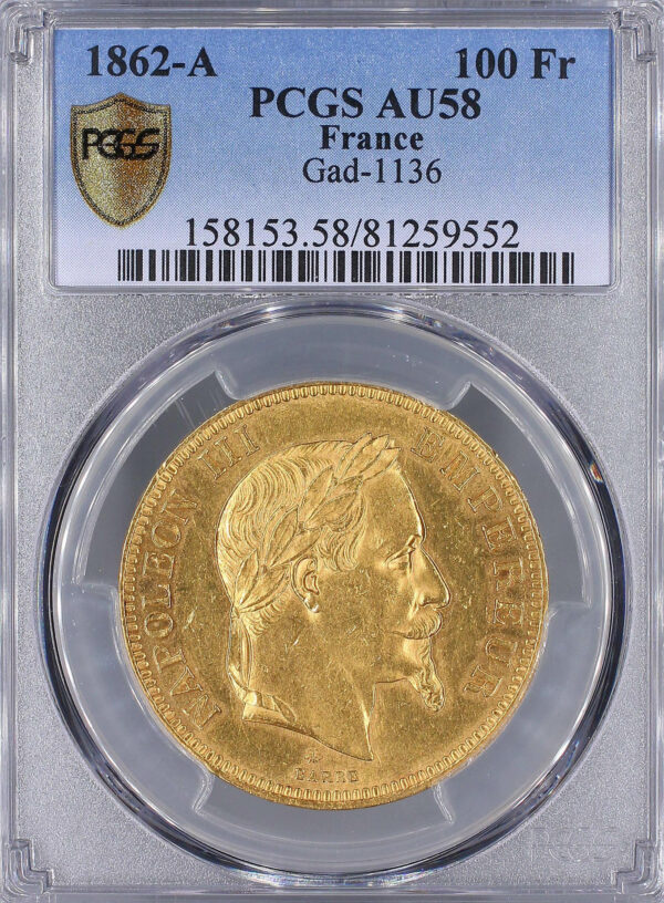 100 francs laurée 1862 Paris PCGS AU58